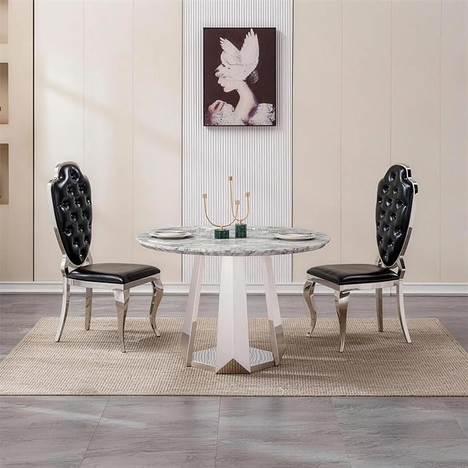 47" Round Marble Dining Table for 4-6, Luxury Modern Kitchen Table with Marble Grain MDF Tabletop & Silver Mirrored Stainless Steel Pedestal Base, Grey Stone Dinner Table for Dining Room (Table Only)
