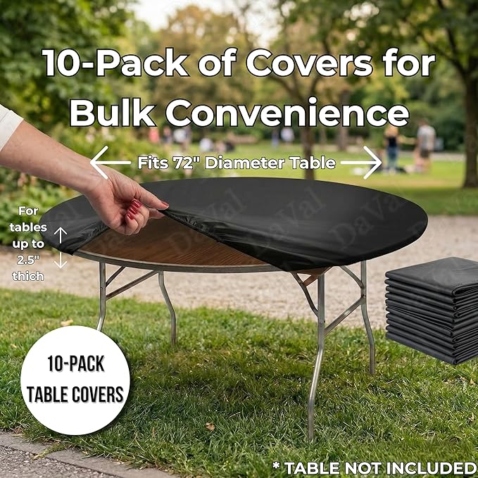 Kwik-Covers 10 Pack of Round Plastic Table Covers - 60" or 72" Round - Indoor or Outdoor Fitted Covers (Tables NOT Included) (Black, 72" Round)