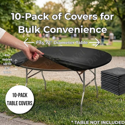 Kwik-Covers 10 Pack of Round Plastic Table Covers - 60" or 72" Round - Indoor or Outdoor Fitted Covers (Tables NOT Included) (Black, 72" Round)