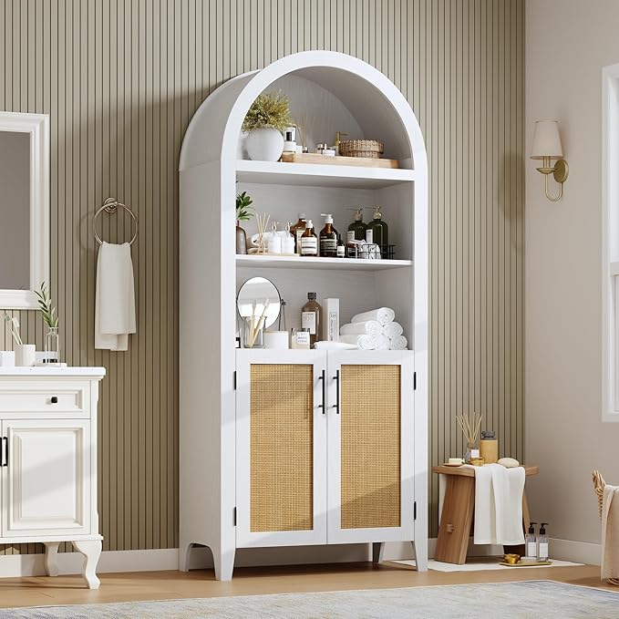 Garvee Arched Kitchen Pantry Storage Cabinet - 5-Tier Open Display Shelf with Rattan Decor, Farmhouse Storage Cabinet for Kitchen, Dining Room, Living Room, White