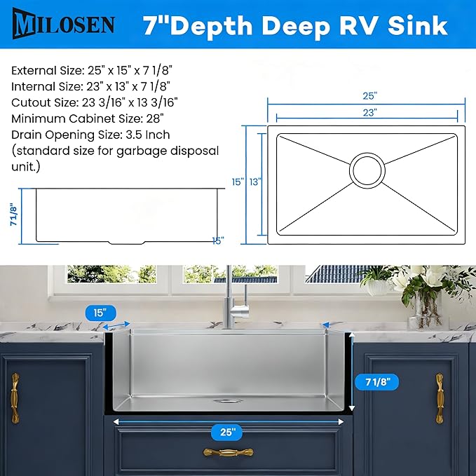 MILOSEN RV Kitchen Sink, 25''×15''×7'' 16 Gauge T304 Stainless Steel Drop-in/Undermount RV Sink, 25 inch Single Bowl Sinks for Caravans/Campervans & Site Cabins, 7 inch Depth Outdoor Trailer Sinks