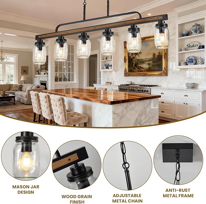 6-Light Rustic Farmhouse Dining Room Light, Black Mason Jar Chandelier Lighting Fixture for Kitchen Island, Dining Room, E26 Cluster Hanging Pendant Light with Jar Glass Shade