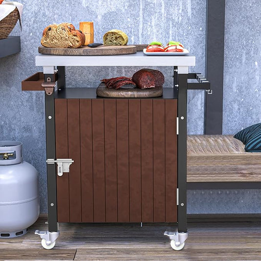 Modern Dining Table Outdoor Grill Cart with Stainless Steel Tabletop Patio Kitchen Island Wheels Hooks Spice Rack Waterproof Movable Wood Console,Brown