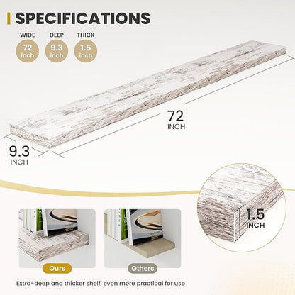 Acovy 72 Inch Floating Shelves, 9.3" Deep Floating Shelf Wall Mounted, 72" Wall Shelves, Rustic Deep Bookshelf, Large Display Shelves & Storage Shelves for Bedroom, Living Room, Rustic, Set of 2