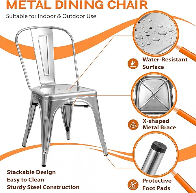 Shahoo Metal Dining Chairs Classic Iron Stackable Industrial Vintage Trattoria with Back, Indoor-Outdoor Side Settee for Home Bistro Cafe Kitchen Restaurant Set of 4, Sliver