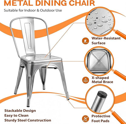 Shahoo Metal Dining Chairs Classic Iron Stackable Industrial Vintage Trattoria with Back, Indoor-Outdoor Side Settee for Home Bistro Cafe Kitchen Restaurant Set of 4, Sliver