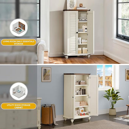 DWVO 4-Tier Storage Cabinet, 45.2" Farmhouse Kitchen Pantry Cabinet wth 2 Shutters-Doors & Adjustable Shelves, Wooden Tool Cabinet for Dining Room, Bathroom, Living Room, Laundry Room, Office, White