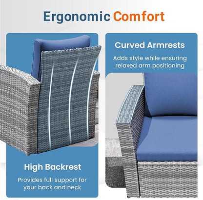 Wisteria Lane Patio Furniture Set, Wicker Outside Outdoor Furniture for All Weather, Patio Sofa with High Backrest Support and Wide Armrest for Backyard, Balcony, Deck, Porch, Blue