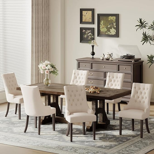 COLAMY Fabric Side Dining Chairs Set of 6, Wingback Upholstered Dining Room Chairs with Tufted Button, Living Room Chairs for Home Kitchen, Beige