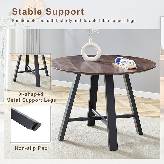 Round Dining Table Set for 4 People, 42 Inch Diameter with Dark Walnut Textured MDF Top and Black Metal Legs, Includes Brown Technology-Fabric Chairs for Kitchen and Dining Room