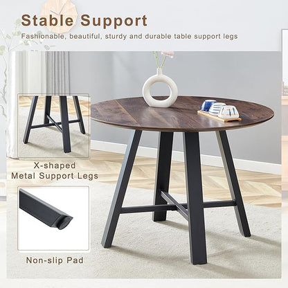 Round Dining Table Set for 4 People, 42 Inch Diameter with Dark Walnut Textured MDF Top and Black Metal Legs, Includes Brown Technology-Fabric Chairs for Kitchen and Dining Room