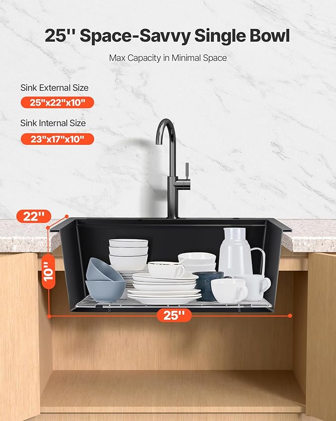 VEVOR 33 inch Kitchen Sink Workstation, Top Mount Granite Sinks, Drop-In Single Bowl Farmhouse Basin with Multiple Accessories, Household Dishwasher Sinks (22"D x 25"W x 10"H)