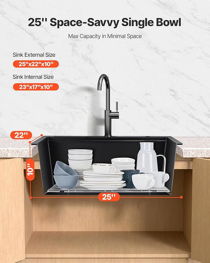 VEVOR 33 inch Kitchen Sink Workstation, Top Mount Granite Sinks, Drop-In Single Bowl Farmhouse Basin with Multiple Accessories, Household Dishwasher Sinks (22"D x 25"W x 10"H)