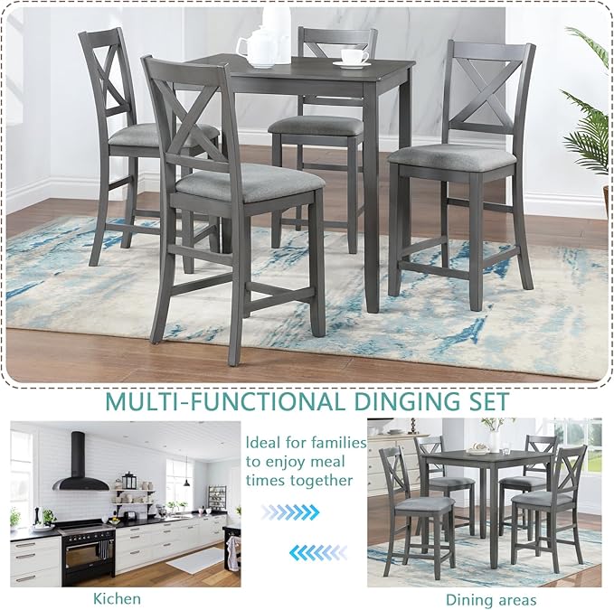5 Piece Counter Height Dining Table Set for 4, Solid Wood Square Kitchen Table and 4 Upholstered Chairs, Modern Dining Room Table and Chairs Set for Kitchen and Dining Room, Gray