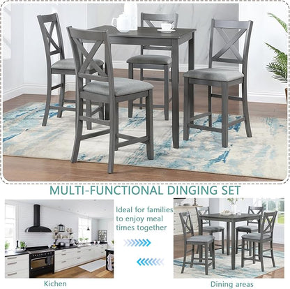 5 Piece Counter Height Dining Table Set for 4, Solid Wood Square Kitchen Table and 4 Upholstered Chairs, Modern Dining Room Table and Chairs Set for Kitchen and Dining Room, Gray