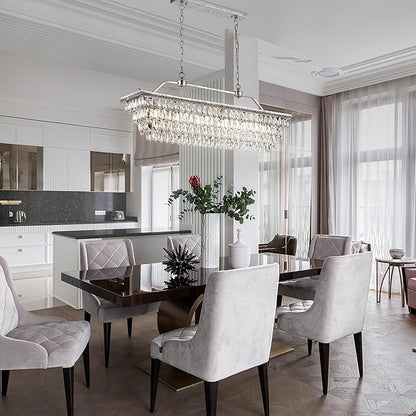 Edvivi Rectangular Linear Crystal Chandelier 40 in. W, 6 Lights Luxury Glam Adjustable Ceiling Lighting Fixture with 4 Rows of Teardrop Crystals for Living Dining Room Kitchen Island, Antique Silver