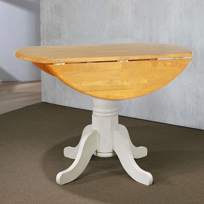 Sunset Trading Oakley Selections 42" Round Extendable Drop Leaf Table | Antique White/Light Oak Solid Wood| Seats 4 | Dining Room Kitchen Furniture