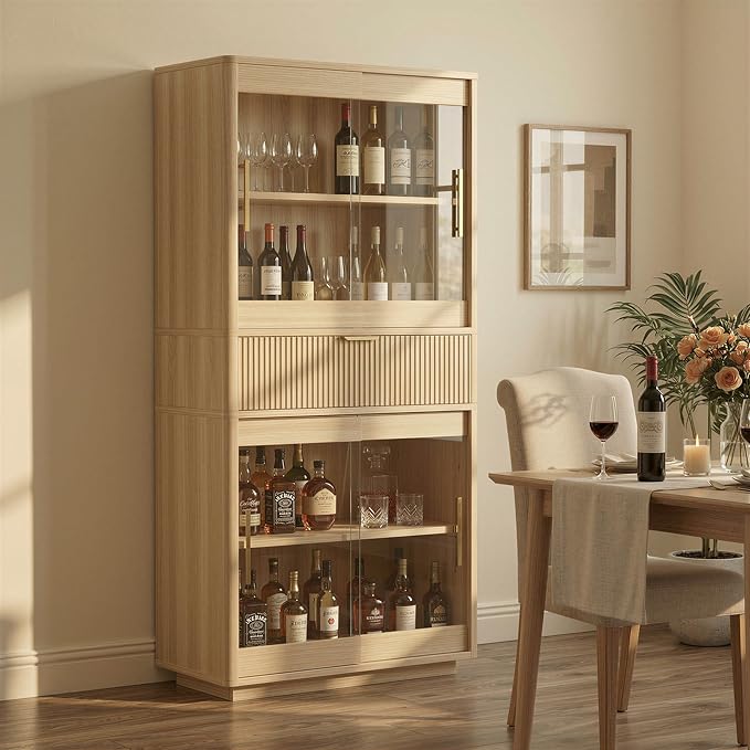 IRONCK Fluted Kitchen Storage Cabinet with Sliding Glass Doors, 69" Tall Modern Farmhouse Cabinet with Drawer and Adjustable Shelves, Freestanding Cupboard for Kitchen, Dining Room, Living Room, Oak