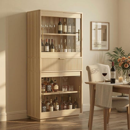 IRONCK Fluted Kitchen Storage Cabinet with Sliding Glass Doors, 69" Tall Modern Farmhouse Cabinet with Drawer and Adjustable Shelves, Freestanding Cupboard for Kitchen, Dining Room, Living Room, Oak