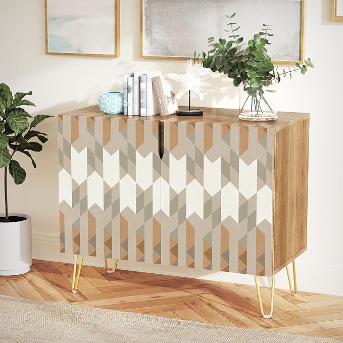 SIGNWIN Sideboard Buffet Cabinet, Kitchen Storage Cabinet with 2 Doors, Gray & Brown Geometric Polygons, Cupboard Console Table for Dining Room - 35" L x 18" W x 29" H