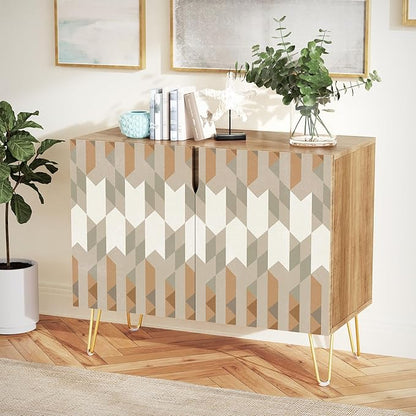 SIGNWIN Sideboard Buffet Cabinet, Kitchen Storage Cabinet with 2 Doors, Gray & Brown Geometric Polygons, Cupboard Console Table for Dining Room - 35" L x 18" W x 29" H