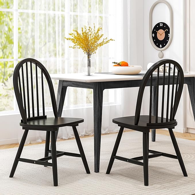 HAPPYGRILL 2 Pieces Wooden Dining Chairs Set, Vintage Armless Windsor Chairs, Kitchen Dining Chairs with Backrest, Black