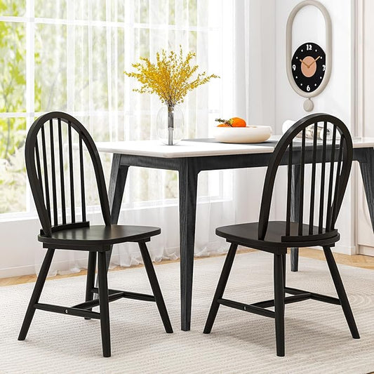 HAPPYGRILL 2 Pieces Wooden Dining Chairs Set, Vintage Armless Windsor Chairs, Kitchen Dining Chairs with Backrest, Black