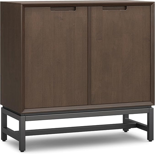 SIMPLIHOME Banting Storage Cabinet - 32 inch Wide Solid Wood Low Cabinet in Walnut Brown, Modern Industrial Sideboard for Living Room, Entryway, or Dining Room with Metal Base and Adjustable Shelves