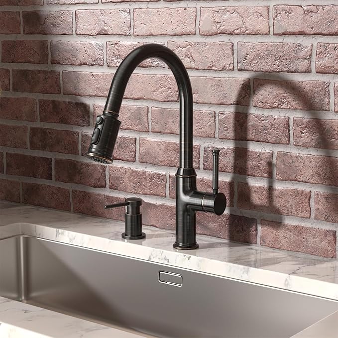 Lava Odoro Oil Rubbed Bronze Kitchen Faucet with Pull Down Sprayer, Single Hole Kitchen Sink Faucet, Single Handle Kitchen Faucet with 3-Function Magnetic Sprayer, Deck Plate Included, KF421-ORB-M