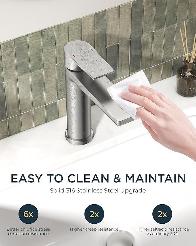 FORIOUS Brushed Nickel Bathroom Faucet 1 Hole, Single Handle Single Hole Bathroom Faucet Brushed Nickel with Deck Plate and Pop Up Drain, CUPC Hoses for One Handle Vanity Sink, Rv, Camper, Farmhouse