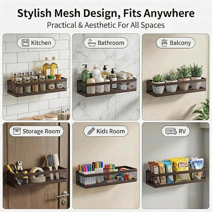 PUSDON 16.5-Inch Extra Long Slim Mesh Shower Caddy, Wall Mounted Bathroom Organizer with Adhesive, Heavy Duty Rustproof Shelf for Narrow Kitchen Pantry & RV, Holds 50 LBS Bronze -2 Packs Netting