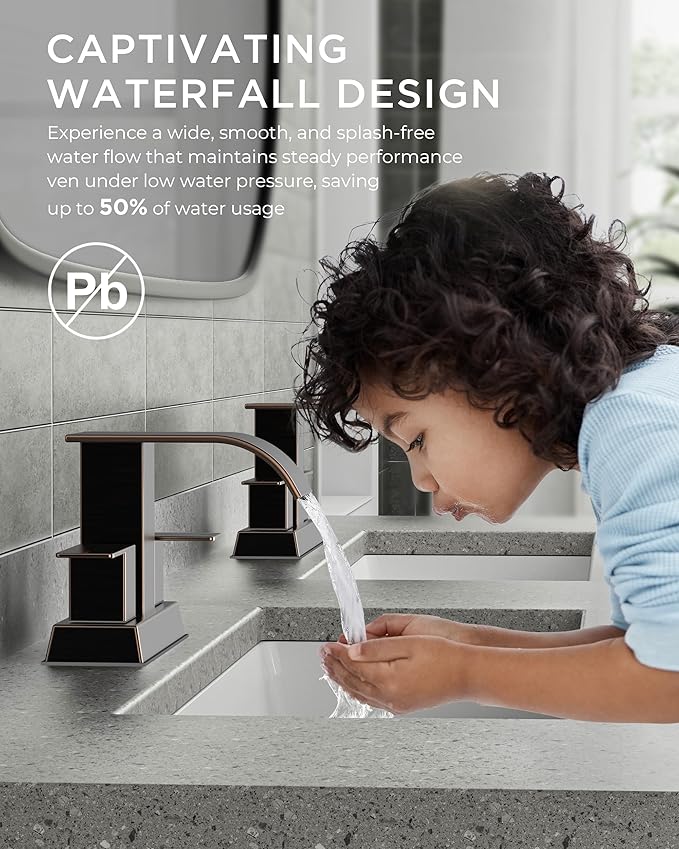 FORIOUS 4 Inch Centerset Oil Rubbed Bronze Bathroom Faucet, 2 or 3 Hole Waterfall Square Bathroom Sink Faucet with Metal Pop-up Drain and Supply Lines, Two Handles for Vanity, Lavatory Room, Pedestal