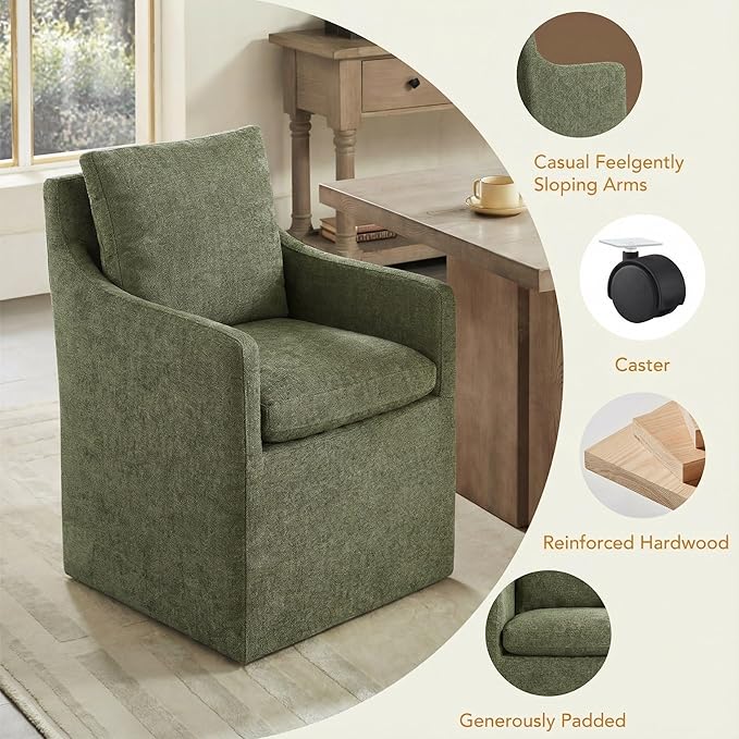 KISLOT Upholstered Dining Chairs with Casters, No Assembly Modern Accent Armchair with Rollers for Dining Room, Bedroom, Living Room, Reading Room, Already Assembled, Green, 1 Box
