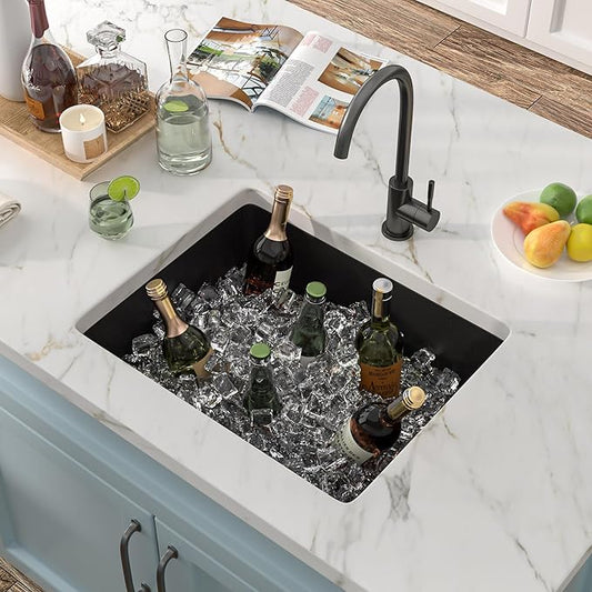 21"x17" Undermount Bar Prep Sink – Matte Black Granite Composite Quartz Classic Under Counter Single Bowl Sink Basin for Wet Bar, RV, Small Kitchen
