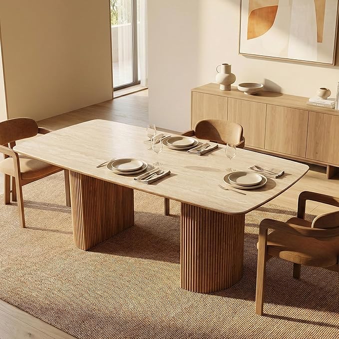 71'' Sintered Stone Dining Table for 6-8 People, Modern Rectangular Kitchen Table with Solid Wood Pedestal, Luxury Mid-Century Dining Room Table for Home Living Room