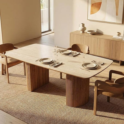 71'' Sintered Stone Dining Table for 6-8 People, Modern Rectangular Kitchen Table with Solid Wood Pedestal, Luxury Mid-Century Dining Room Table for Home Living Room