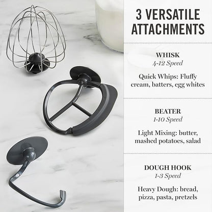 Martha Stewart  Tilt-Head Stand Mixer, 12 Speed, 5.3QT Stainless Steel Bowl, Splash Guard with Pour Chute, Whisk, Dough Hook, Flat Beater, Electric Kitchen Baking Mixer, Bread, Cake, Whip, Linen White