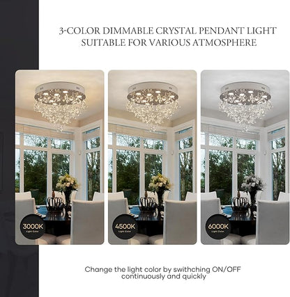9-Lights Modern Chandelier K9 Crystal Lighting Fixture,20 Inch Round Silver Stainless Steel Flush Mount Ceiling Lights for Bedroom Foyer Hallway Dining Room,GU10 Bulbs Include