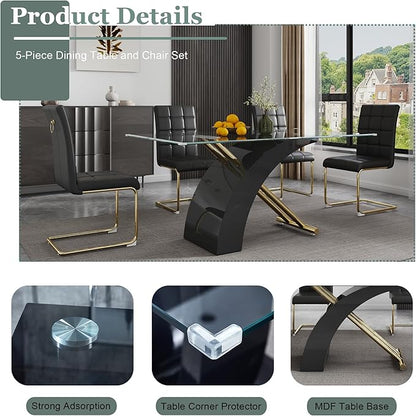 5-Piece Glass Dining Table Set, 63" White Kitchen Table with X-Shape MDF Base, Dining Room Set for 4 with 4 Leather Upholstered Chair for Kitchen, Dining Room (Black,Gold)