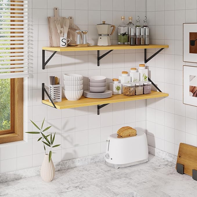 Acovy Floating Shelves for Wall,40" Wall Mounted Shelves Set of 2,Long Wood Floating Shelves,Hanging Wide Display & Storage Shelf with Metal Brackets for Bathroom,Bedroom,Kitchen,Living Room,Oak