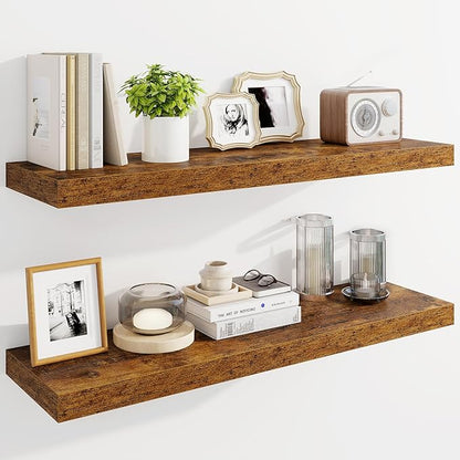 Marsmiles 36" Floating Shelves for Wall, Wooden Shelves with Invisible Brackets Set of 2, Rustic Farmhouse Wall Mounted Shelf for Kitchen Bathroom Living Room Study, Rustic Brown