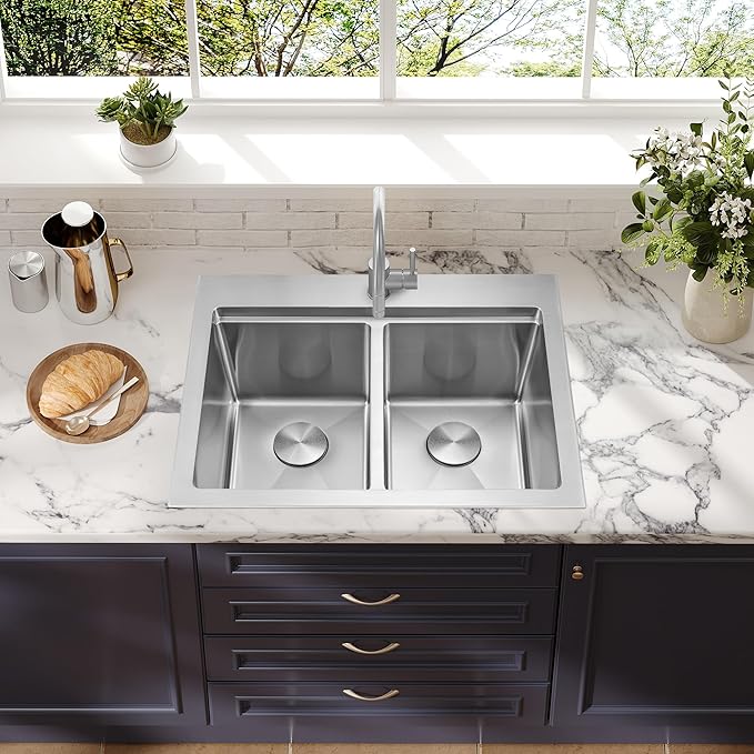 MILOSEN 26 Inch Double Bowl Kitchen Sink, 26''x22'' Drop in 16 Gauge T304 Stainless Steel Sinks, Workstation Sink 50/50 Topmount Double Basin with Accessories, 10'' Deep Laundry Outdoor Sinks