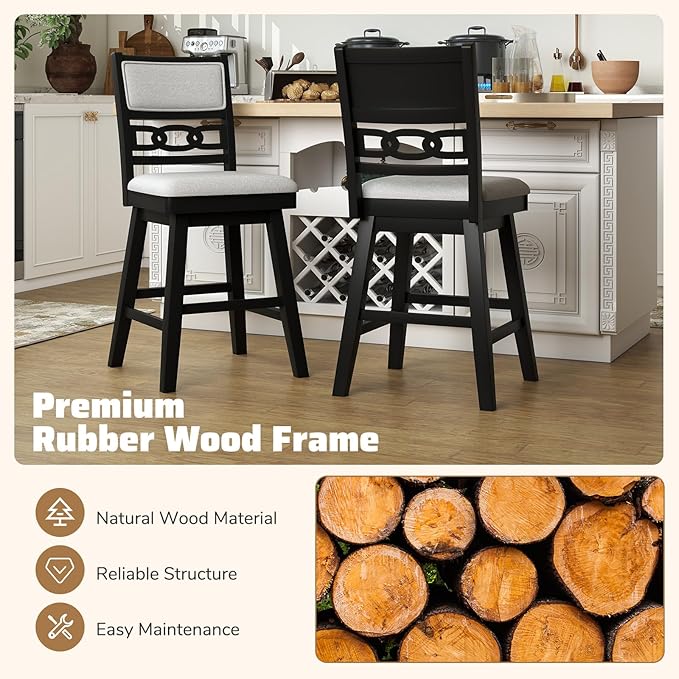Giantex 25" Bar Stools Set of 2, Modern Counter Height Tall Chairs w/Padded & Hollowed Backs, Rubber Wood Frame, 360° Swivel Upholstered Barstools for Kitchen Island, Pub, Cafe