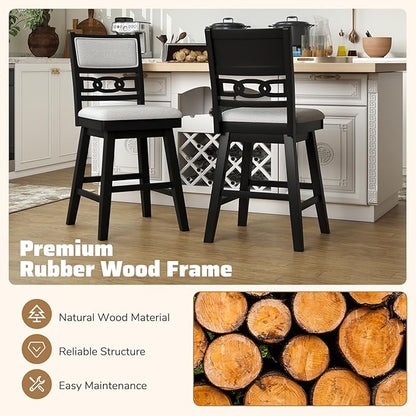 Giantex 25" Bar Stools Set of 2, Modern Counter Height Tall Chairs w/Padded & Hollowed Backs, Rubber Wood Frame, 360° Swivel Upholstered Barstools for Kitchen Island, Pub, Cafe