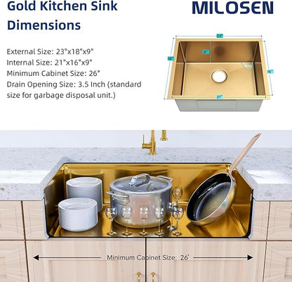 MILOSEN Gold Kitchen Sink, 23x18 inch Gold Undermount Kitchen Sinks, 16 Gauge T304 Stainless Steel Laundry Sinks with Custom Accessories, Deep Single Bowl Utility Sink with Bottom Grid