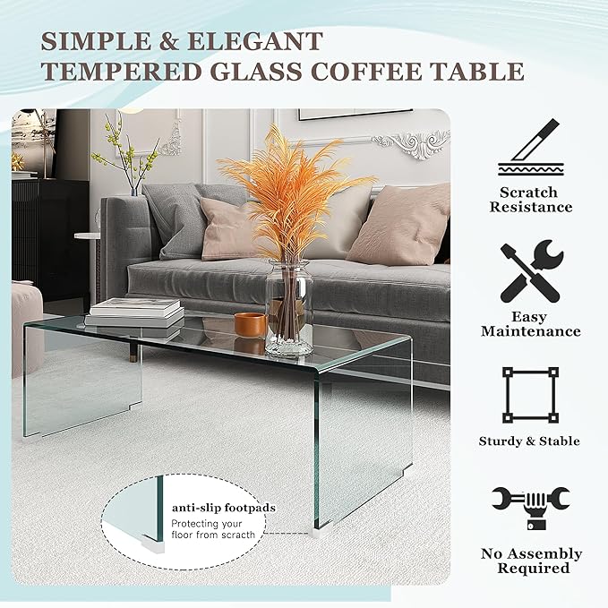 Modern 39.4" Tempered Glass Coffee Table, 12mm Ultra-Thick Waterfall Clear Center Table for Living Room, Minimalist Rectangle Coffee Table for Small Spaces, No Assembly Required