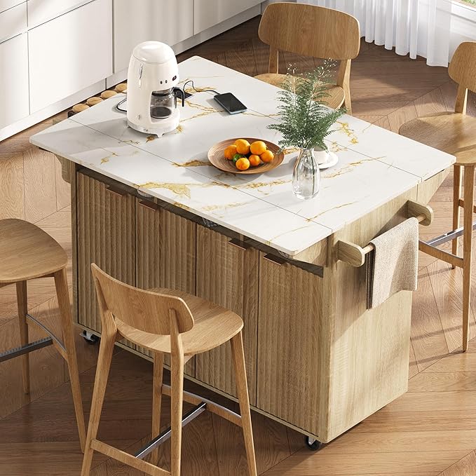 Modern Dining Table Kitchen Island with 2 Drop, Cart Power Outlet, 4 Doors Spice Rack, Rolling Table Faux Marble Top, Curved Edge Wood Console,Natural-MDF