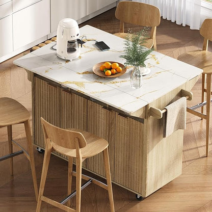 Modern Dining Table Kitchen Island with 2 Drop, Cart with Power Outlet, 4 Doors, Spice Rack, Rolling Wood Grain Top Table, Curved Edge for Living Room,Natural-MDF