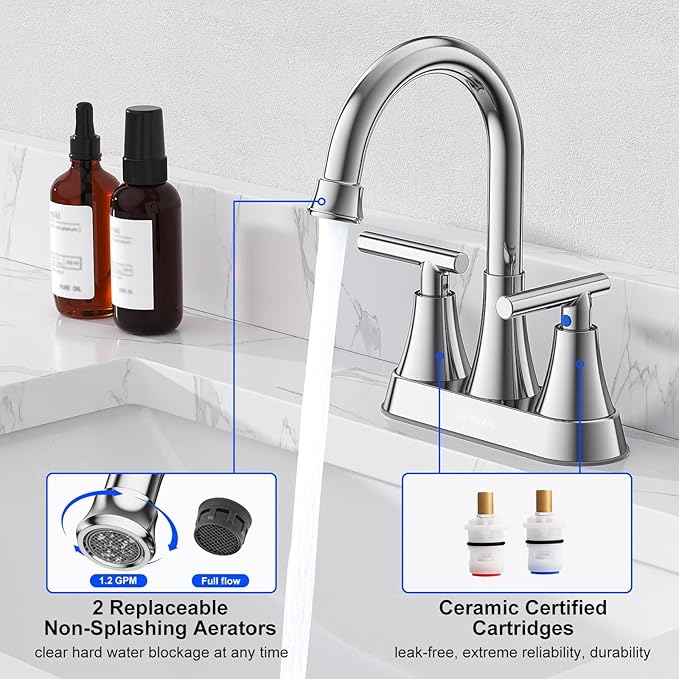 Bathroom Faucets for Sink 3 Hole, Hurran 4 inch Chrome Bathroom Sink Faucet with Pop-up Drain and Supply Hoses, Stainless Steel Lead-Free 2-Handle Centerset Utility Faucet for Sink Vanity RV