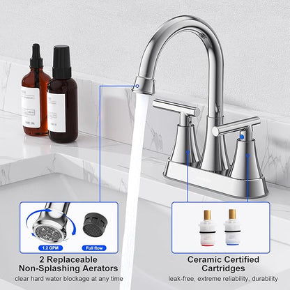 Bathroom Faucets for Sink 3 Hole, Hurran 4 inch Chrome Bathroom Sink Faucet with Pop-up Drain and Supply Hoses, Stainless Steel Lead-Free 2-Handle Centerset Utility Faucet for Sink Vanity RV